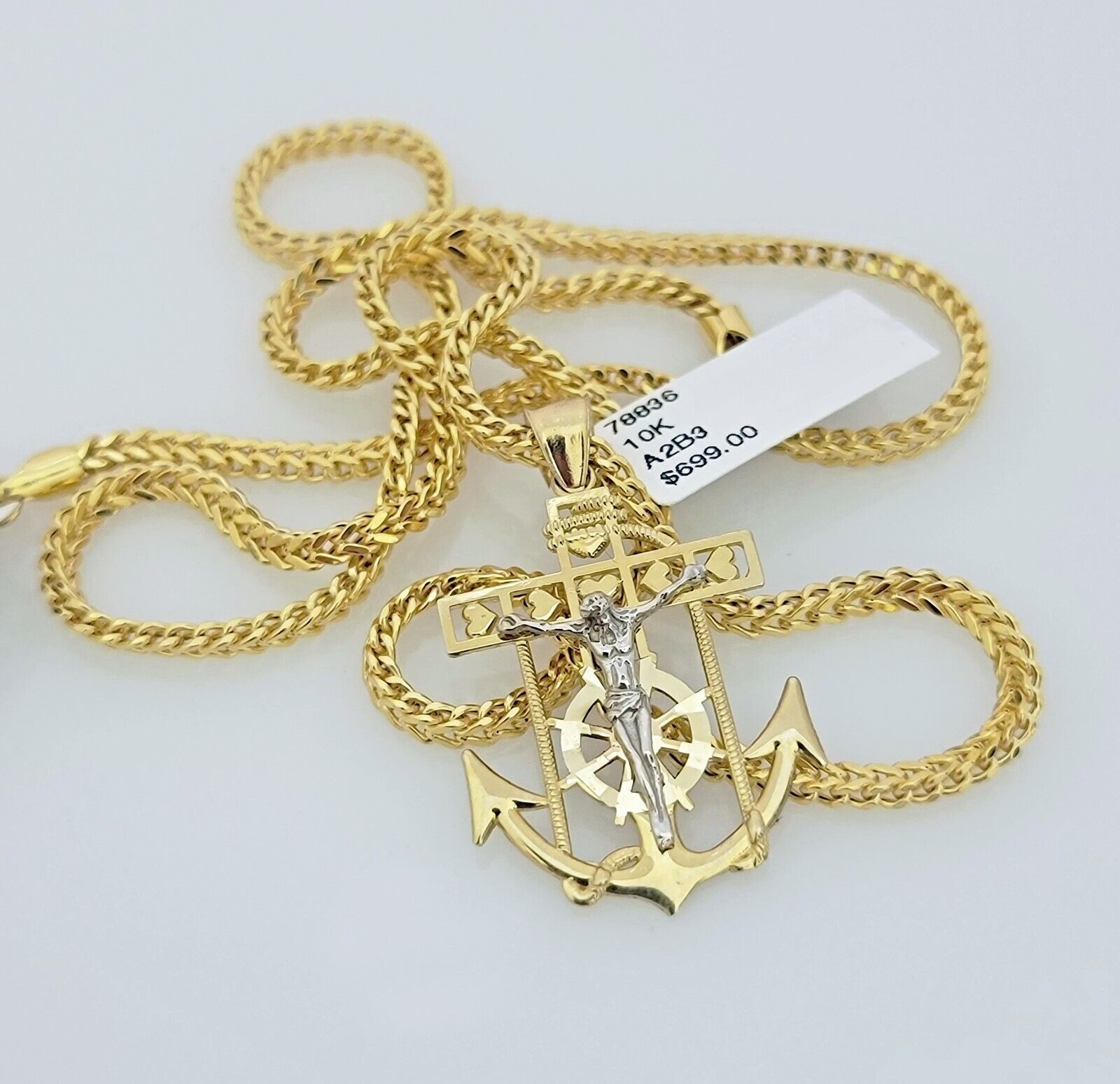 Real 10k Gold Franco Chain Anchor Cross Charm pendant Set 2.5mm Necklace 20 Inch